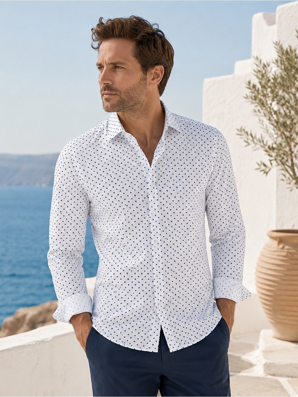 NWT Lucky Brand Men’s White Blue Print Stretch Slim Fit Shirt Medium